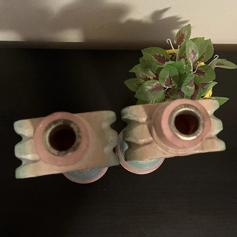 Pier 1 Aztec‎ Pillar Candlesticks Set Southwest Wooden Carved Pastel Decor